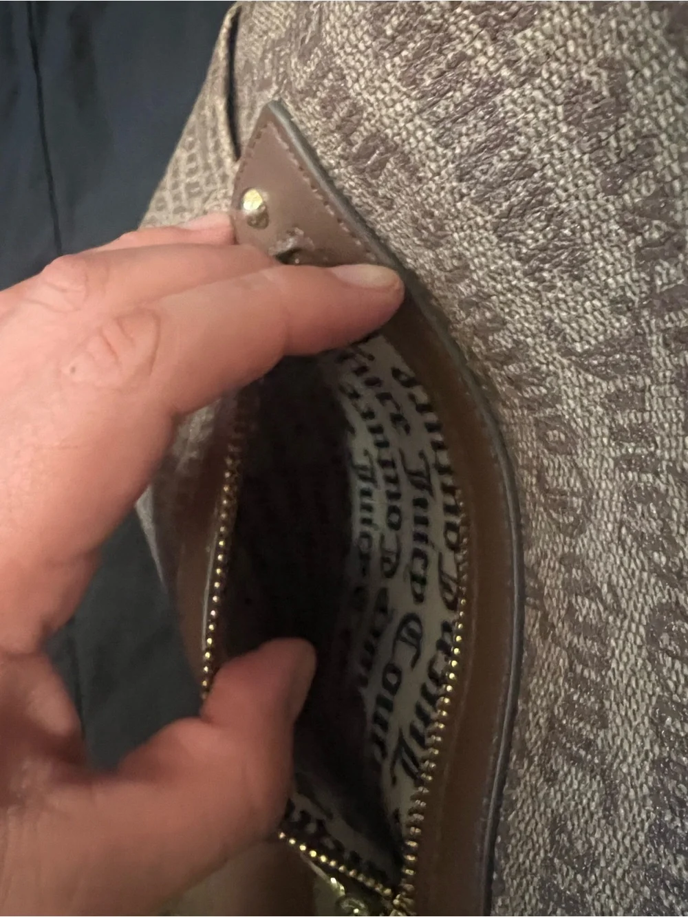 Juicy Couture Brown Monogram Backpack with Gold Chain Accent